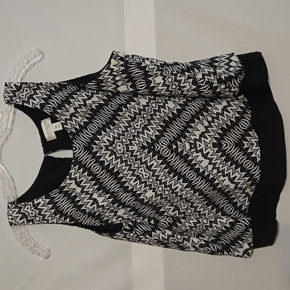 Bisou Bisou, Sz Med, Black, White, Print, Chiffon Style Fabric, Sheer, Layered